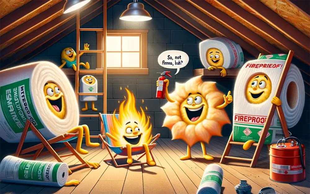 Is Attic Insulation Flammable? A Funny Cartoon of Attic Insulation Cartoon Characters Overjoyed Because they Are Fire Resistant