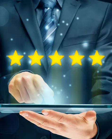 A Man with a Tablet Giving a Review with 5 Stars in the Air Above it<br />
