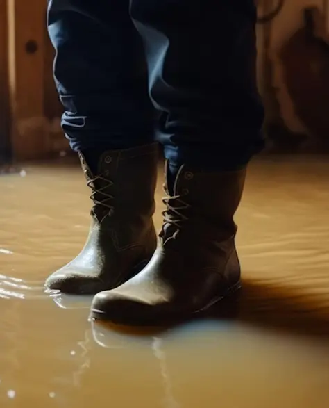 Water Damage Restoration Contractors in Baldwin, NY - A Water Damage Cleaning Technician with Rubber Boots on Standing in a Room with Water on the Floor