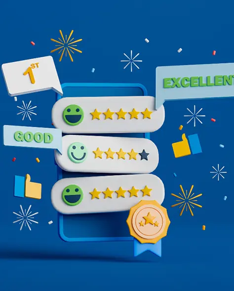 Water Damage Restoration Contractors in Baldwin, NY - Customer Review Icons for 5-Star Rated on a Blue Background<br />
