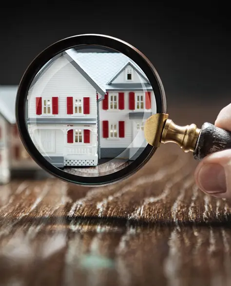 Spray Foam Insulation Contractors in Carroll Gardens, NY - A Man’s Hand Holding a Magnifying Glass in Front of a House Model on a Wooden Table<br />
