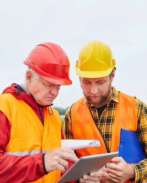 Foundation Contractors in Long Island, NY - Two Construction Workers Looking at a Tablet on an Overcase Day at a Construction Site