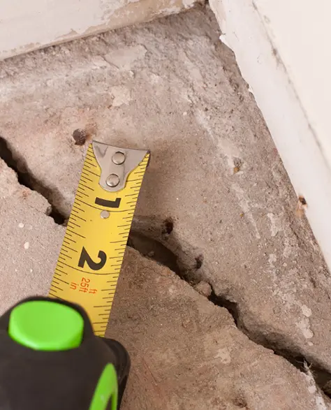 Foundation Contractors in Long Island, NY - A Tape Measure Measuring a Crack in the Basement Floor of a Home