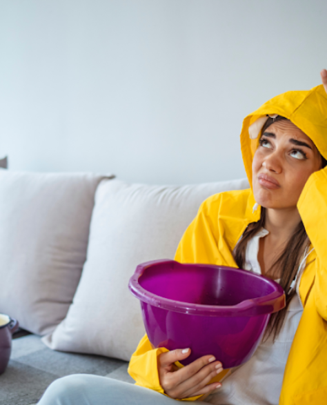 Water Damage Restoration Contractors in Copiague, NY - A Woman Holding a Bucket to Catch the Rain Water from a Leak on the Couch