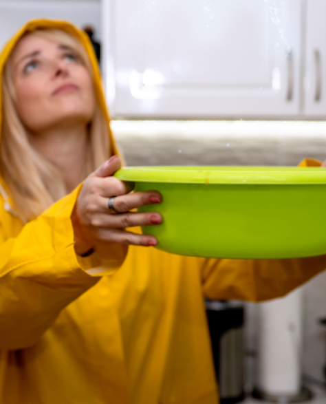 Water Damage Restoration Contractors in Jamaica, NY - A Woman in a Raincoat Catching Water from a Roof Leak with a Bowl