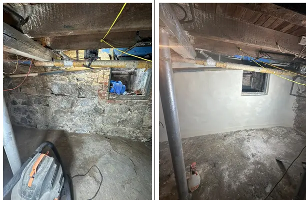 Images show the before and after of the project. The before shows deterioration because of water damage, cracks in the foundation, and seepage while the after photos show a complete transformation and repair of these problems.