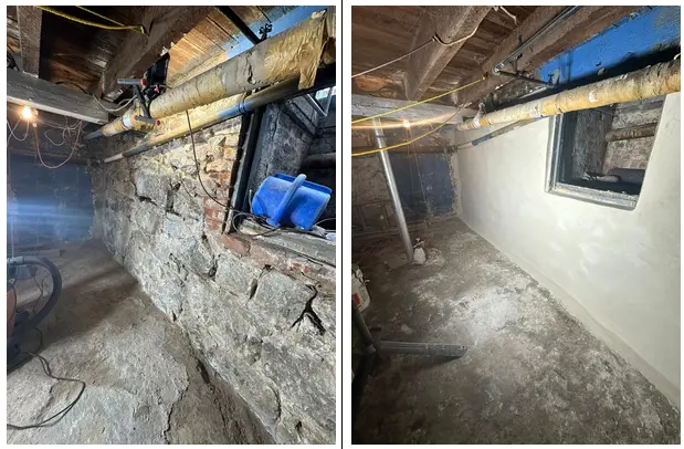 Images show the before and after of the project. The before shows deterioration because of water damage, cracks in the foundation, and seepage while the after photos show a complete transformation and repair of these problems.