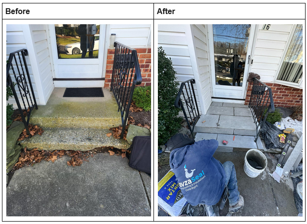 Pictures show ruined and repaired bluestone steps before and after.