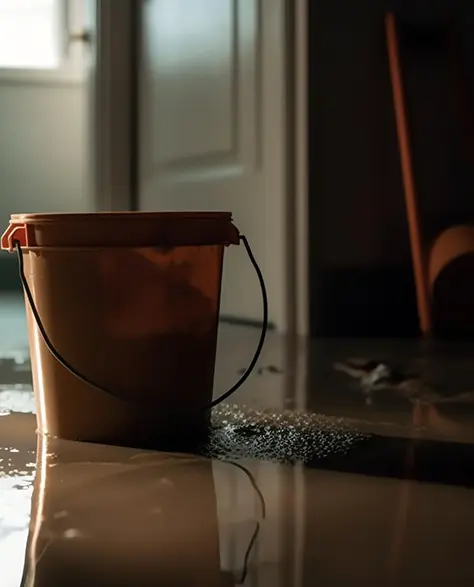 Water Damage Restoration Contractors in Coram, NY - A bucket sits inside a home on the floor which is covered with muddy flood water. 