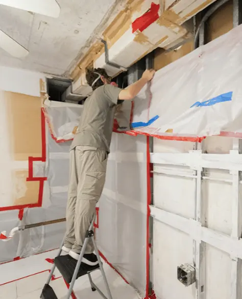 Water Damage Restoration Contractors in Freeport, NY - A Man Wearing Protective Gear Paints a Room Covered with a Tarp, Engaged in Mold Remediation