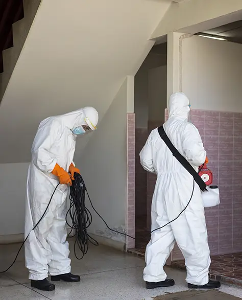 Water Damage Restoration Contractors in Glencoe, NY - Two Men and Full Protective White Suits Getting Prepared to Perform Mold Removal Techniques