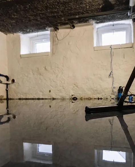 Water Damage Restoration Contractors in Medford, NY - A Room with About 2 Inches of Water On the Floor from a Flood and a Squeegee Standing at the Edge