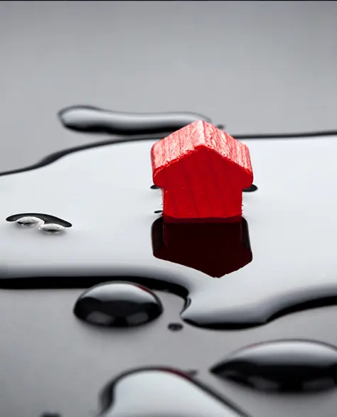 A Black Table with a Puddle of Water on it and a House Game Piece Sitting in the Middle<br />
