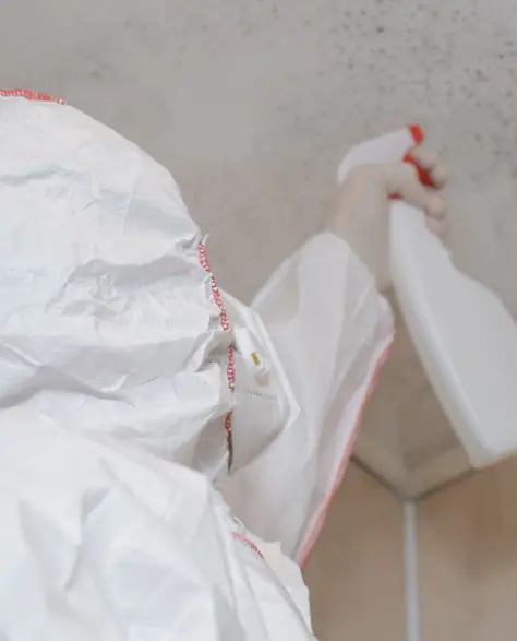 Water Damage Restoration Contractors in Uniondale, NY - A Man in a Full Protective White Suit Spraying Mold