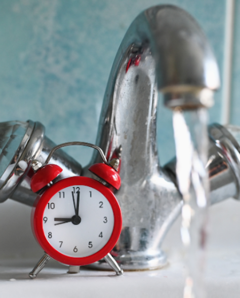Water Damage Restoration Contractors in Midwood, NY - A Bathroom Sink Faucet with Water Running and a Small Red Clock in Front of it