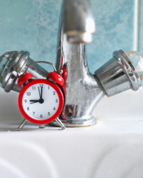 Water Damage Restoration Contractors in Astoria, NY - A Bathroom Sink with a Small Red Clock In Front Of it 