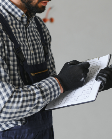 Water Damage Restoration Contractors in Flushing, NY: A man in overalls writing on a clipboard 