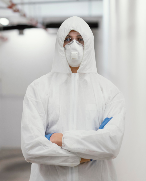 Water Damage Restoration Contractors in Forest Hills, NY - A Man in a Full Protective Suit and Dust Mask<br />
