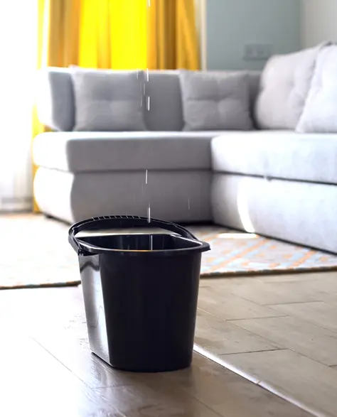 Water Damage Restoration Contractors in Brentwood, NY - A Bucket on the Floor in a Living Room Catching Rainwater from a Leaky Roof