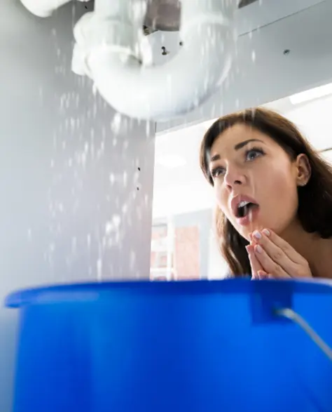 Water Damage Restoration Contractors in Centereach, NY - A Woman Looking Under a Sink with a Bucket Catching Water from a Leak with a Confused Leak on Her