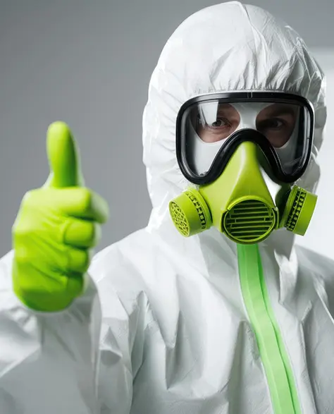 Water Damage Restoration Contractors in Massapequa, NY - A Worker in a Full White Protective Suit and Green Respirator Giving a Thumbs Up to the Camera