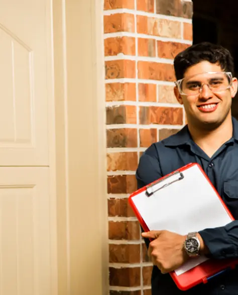 Water Damage Restoration Contractors in Valley Stream, NY - A Zavza Seal contractor holding a clipboard is standing against a brick wall near a door and smiling.