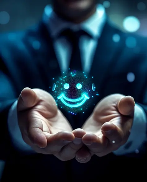 Top-Rated Foundation Repair Contractors in Hicksville, NY -  A Man on a Dark Background Holding a Neon Blue Smiley Face Icon