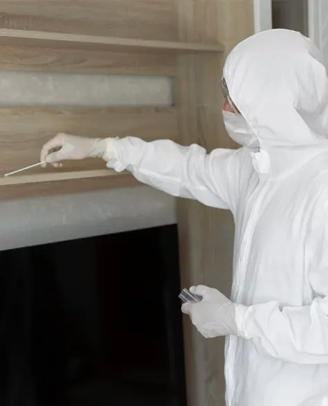 Water Damage Restoration Contractors in Deer Park, NY - A Man in a Full Protective Suit with a Spray Bottle