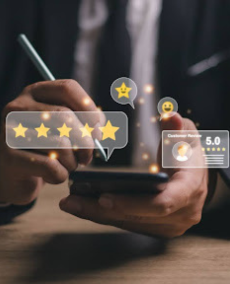 Foundation Repair Contractor in Centereach, NY - A Man On His Smartphone with a Stylus with Customer Service Icons and Stars in the Air Above it