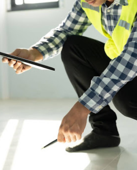 Foundation Repair Contractors in Central Islip, NY - A man kneeling to observe foundation while holding a pen in one hand and a clipboard in the other<br />
