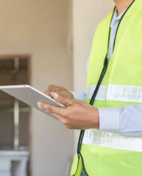 Foundation Repair Contractors in Commack, NY - a contractor is holding an iPad in his hands to take notes of damage in the foundation<br />
