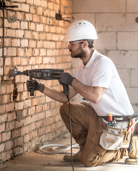 Foundation Repair Contractors in Commack, NY - A Man Drilling a Wall that Has Been Damaged by Foundation Problems<br />
