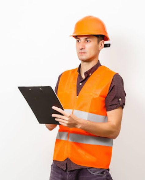 Foundation Repair Contractors in Deer Park, NY - A Foundation Inspection Technician Wearing an Orange Hardhat and Vest Holding a Clipboard<br />
