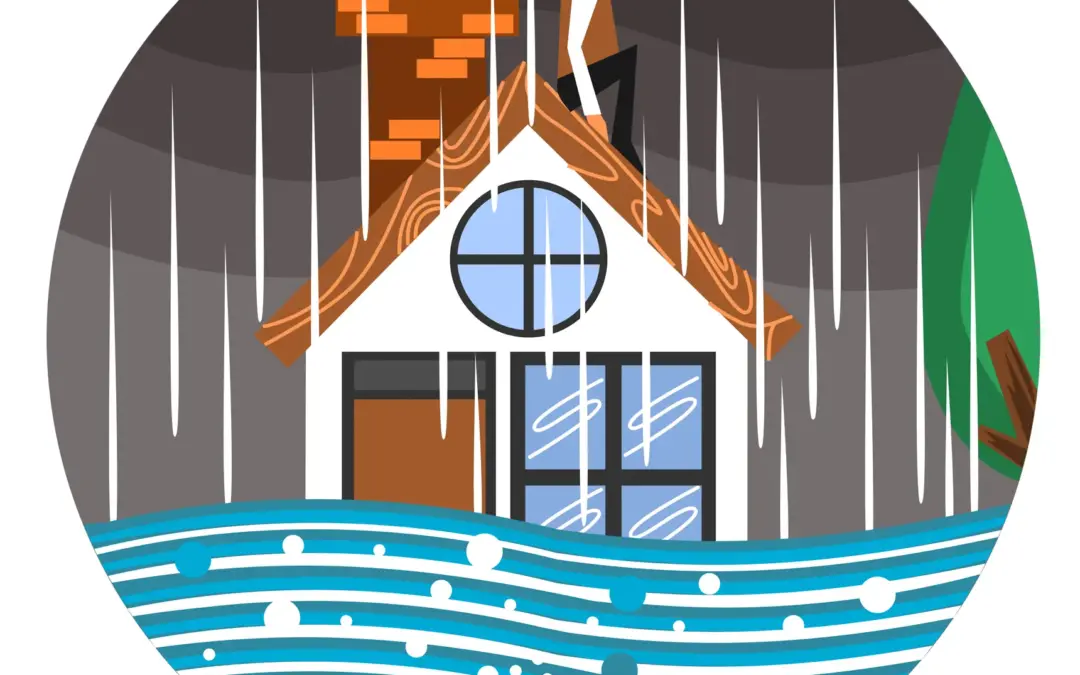 A man sits on the roof of a house because of a flood vector illustration