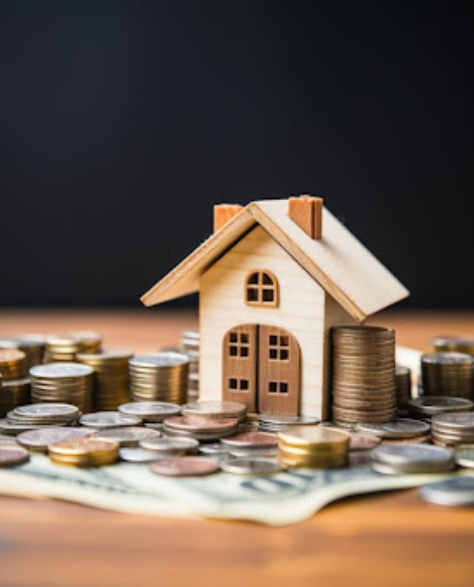 Top-Rated Foundation Repair Contractors in Huntington Station, NY - A Small Wooden House on a Table on Top of Paper Money with Coins Stacked Around it<br />
