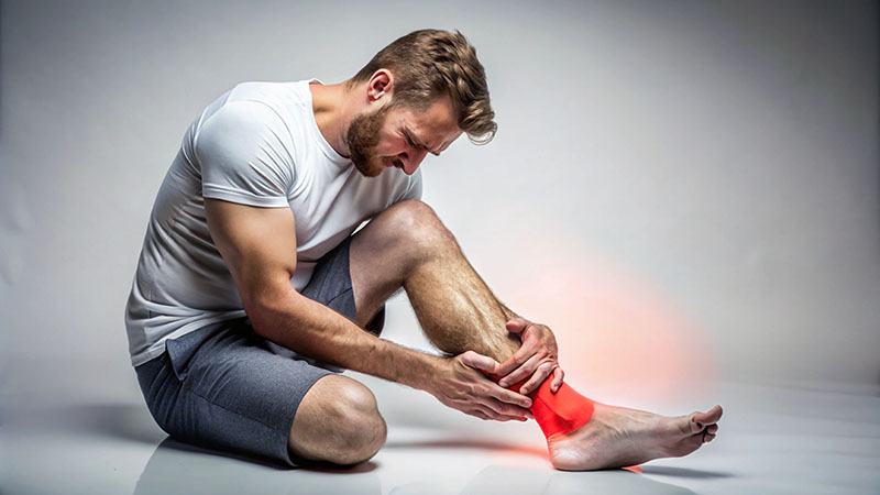 A man sitting on the floor and holding his leg because of joint pain in his ankle area