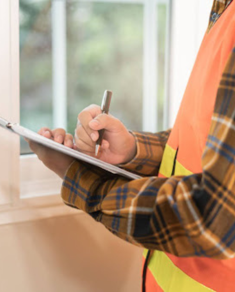 Foundation Repair Contractors in Selden, NY - A Foundation Inspector Inspecting a House and Writing on His Clipboard<br />
