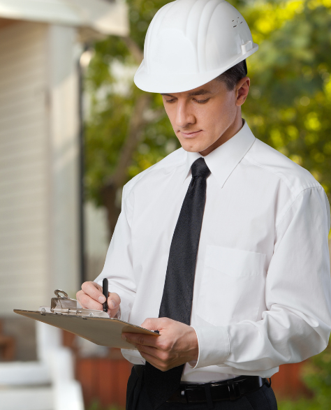 Top-Rated Foundation Repair Contractors in Smithtown, NY - A Man in a Shirt and Tie with a Clipboard Standing in Front of a House<br />
