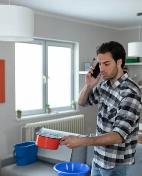 Water Damage Restoration Contractors in Queens Village, NY - A Man Standing in His Living Room with Buckets to Catch the Water from a Roof Leak Talking on the Phone