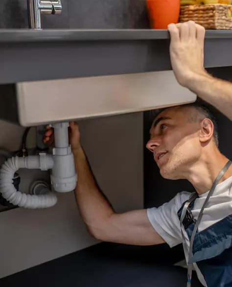 Water Damage Restoration Contractors in Richmond Hill, NY - A Water Damage Repair Technician Working Under a Kitchen Sink to Repair a Leak