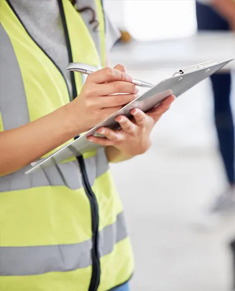 Water Damage Restoration Contractors in South Ozone Park, NY - A Mold Inspector in a Yellow Vest Writing on a Clipboard<br />
