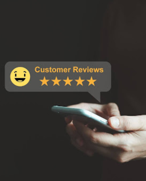 Foundation Repair Contractors in Valley Stream, NY - A Man Using His Phone with “Customer Reviews” Written in a Thought Bubble Above it and Five Gold Stars Under it<br />

