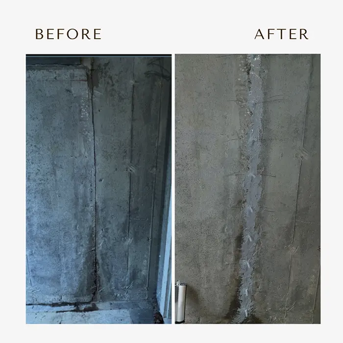 Vertical crack in the foundation before and after