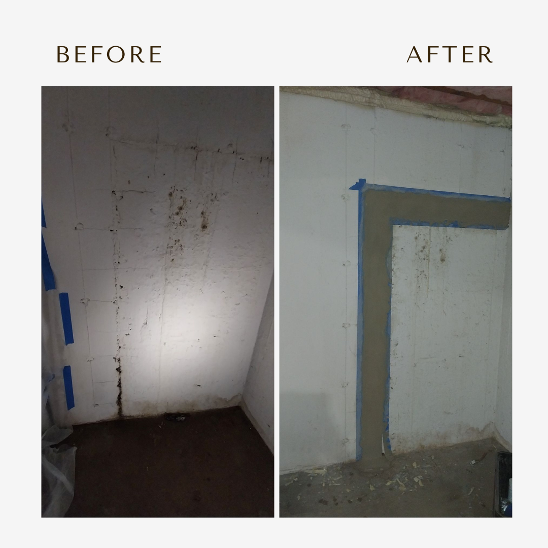 Before and after of a foundation with cracks and water damage. The after photo shows the cracks filled in and waterproofed 