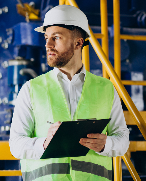 Top-Rated Foundation Repair Contractors in Richmond Hill, NY - A man in a reflective vest and a hard hat writing down something about a property on a clipboard<br />
