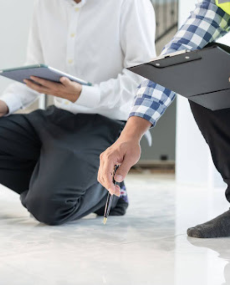 Top-Rated Foundation Repair Contractors in Bensonhurst, NY - A Foundation Inspector Showing Another Foundation Inspector Something on the Floor of a House<br />
