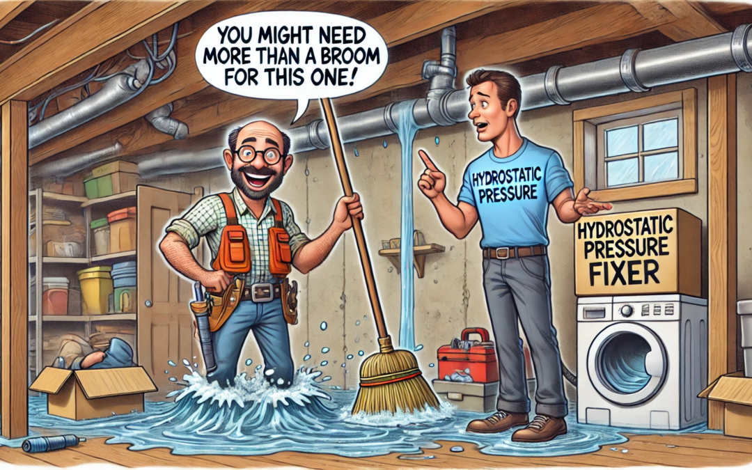 How to Fix Hydrostatic Pressure in Basement Walls - A Funny Cartoon of Two Men in a Basement with One of them Making a Wisecrack About the Job