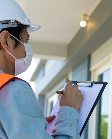 Foundation Repair Contractors in Borough Park, NY - A Foundation Inspector at a House Writing on His Clipboard<br />
