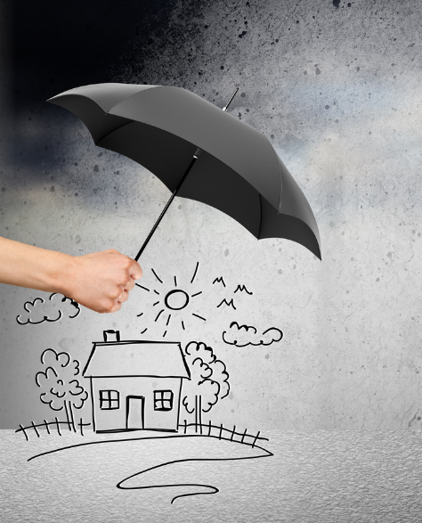 Foundation Repair Contractors in Park Slope, NY - A Man’s Hand Holding an Umbrella to Guard a Stick Figure House Drawing from the Rain<br />
