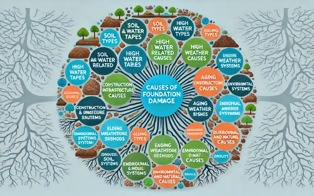 Causes of Foundation Damage - A Word Cloud Made of Tree Roots and Soil with Colorful Bubbles Showing the Causes of Foundation Damage